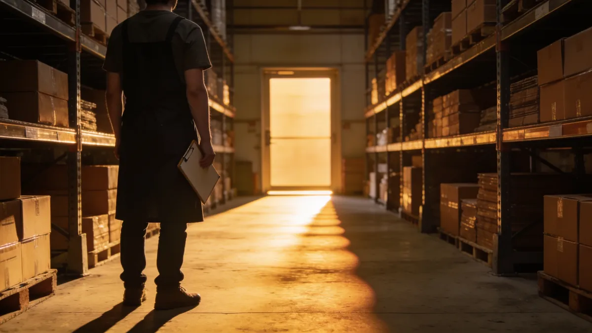 A new manager in a retail apron standing alone in a stockroom, warm light spilling from a doorway ahead